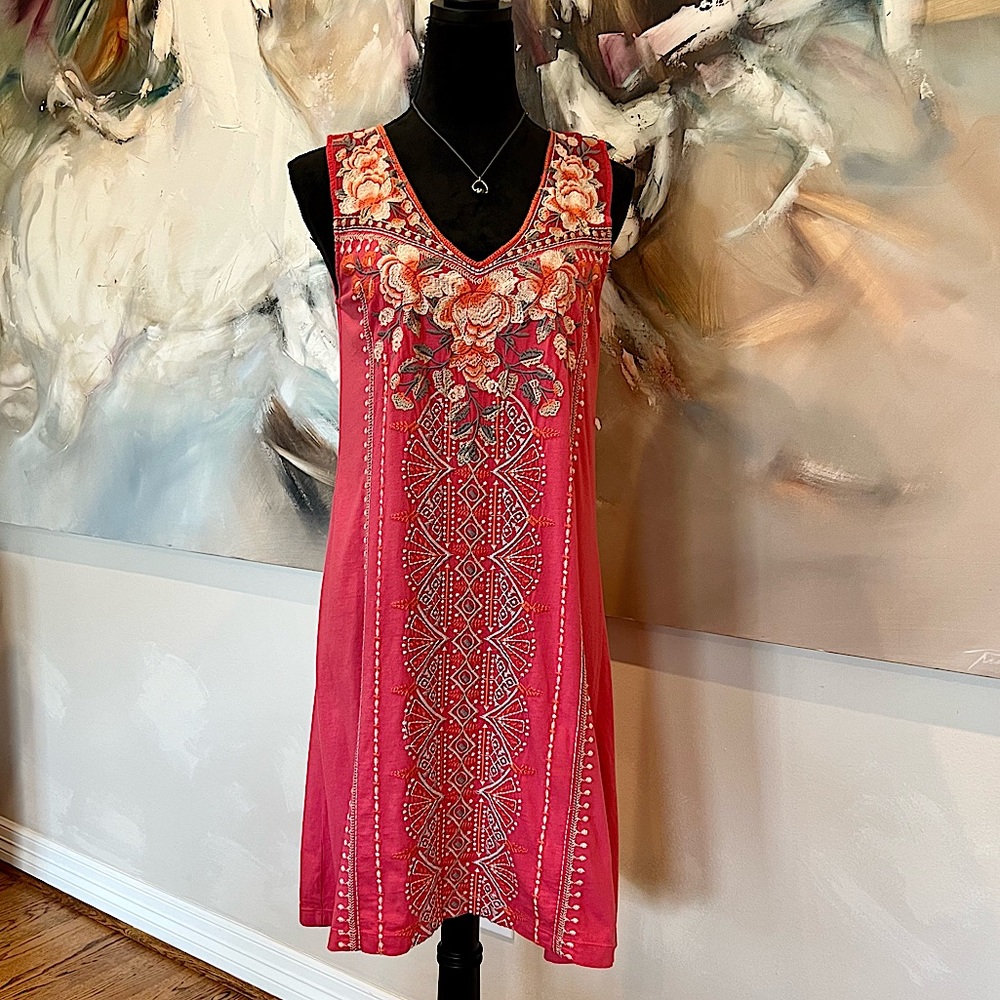 Johnny Was Calida Yoke Tunic Dress in Coral Pink, Sz S